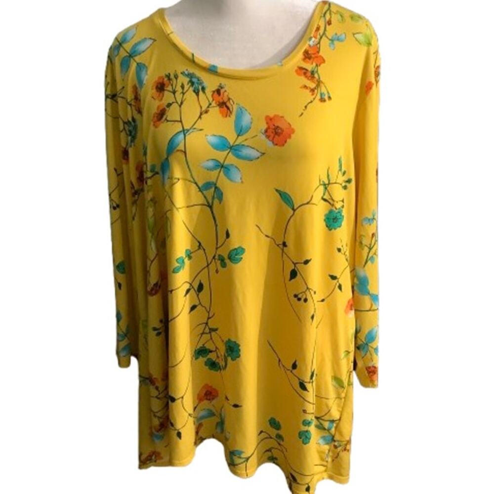 Susan Graver Liquid Knit Tunic 2X Yellow Floral Spring Boho Flowy Feminine